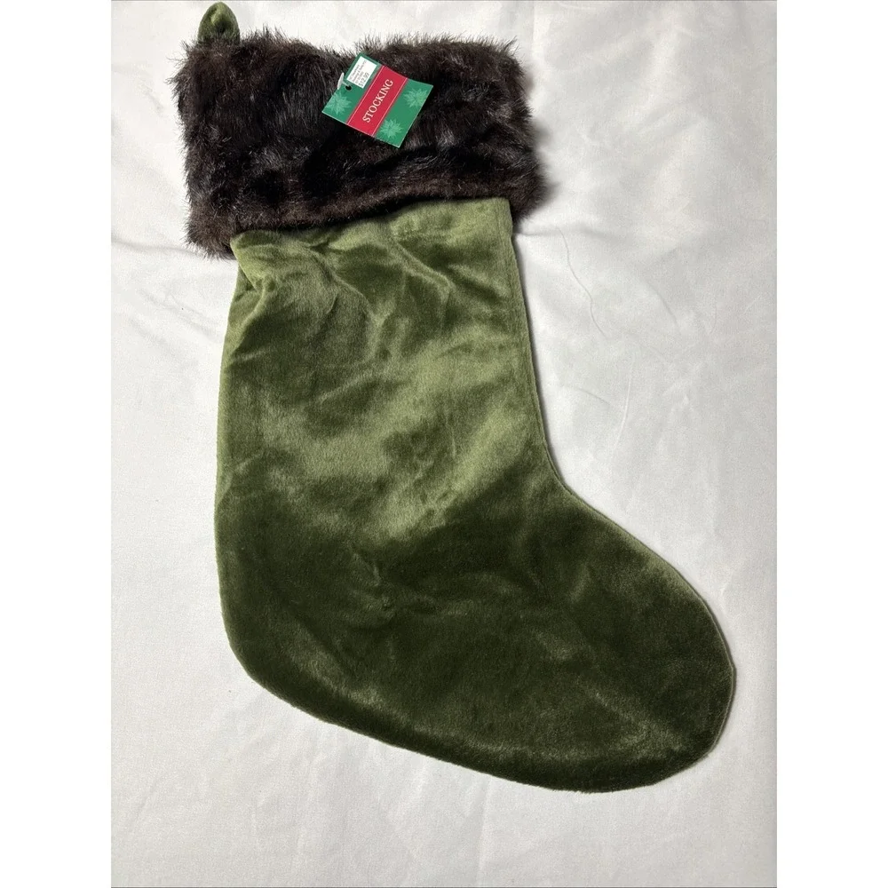 NEW OLIVE GREEN CHRISTMAS STOCKING BROWN FAUX FUR CUFF 18